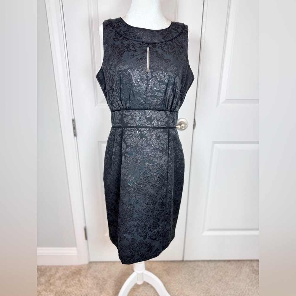 Black Metallic Jacquard Sheath Cocktail Holiday Party Formal LBD Mini Dress 12
